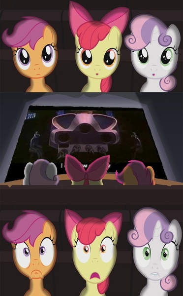 Size: 800x1290 | Tagged: apple bloom, cutie mark crusaders, derpibooru import, exploitable meme, meme, safe, scootaloo, sweetie belle, theater meme, there will come soft rains