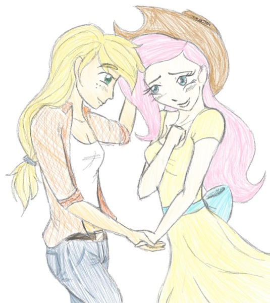 Size: 981x1100 | Tagged: accessory swap, applejack, appleshy, artist:skechygrl, blushing, clothes, derpibooru import, dress, female, fluttershy, human, humanized, lesbian, safe, shipping, traditional art