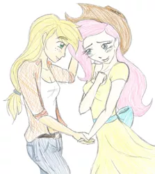 Size: 981x1100 | Tagged: accessory swap, applejack, appleshy, artist:skechygrl, blushing, clothes, derpibooru import, dress, female, fluttershy, human, humanized, lesbian, safe, shipping, traditional art