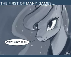 Size: 750x601 | Tagged: safe, artist:johnjoseco, derpibooru import, princess luna, alicorn, pony, ask princess molestia, gamer luna, mario kart, monochrome, solo, tumblr