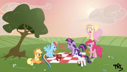 Size: 2000x1125 | Tagged: applejack, artist:machstyle, derpibooru import, fluttershy, kfc, picnic, pinkie pie, rainbow dash, rarity, safe, scootabuse, scootachicken, scootaloo, twilight sparkle