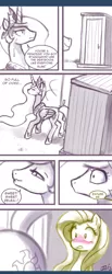 Size: 600x1457 | Tagged: suggestive, artist:johnjoseco, derpibooru import, fluttershy, princess celestia, alicorn, pony, ask princess molestia, princess molestia, blushing, comic, implied watersports, outhouse, plot, potty time, tumblr, urine