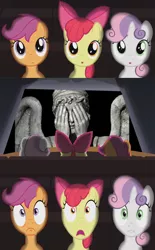 Size: 800x1290 | Tagged: apple bloom, derpibooru import, doctor who, exploitable meme, meme, safe, scootaloo, sweetie belle, theater meme, weeping angel