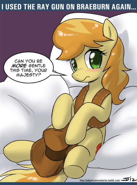 Size: 700x942 | Tagged: artist:johnjoseco, ask princess molestia, bailey sweet, bed, braeburn, derpibooru import, dialogue, female, hat, on back, questionable, rule 63, solo, solo female, tumblr