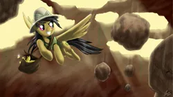 Size: 1920x1080 | Tagged: artist:feather-ponyart, avalanche, bag, daring do, derpibooru import, flying, gold, grin, safe, solo, spread wings