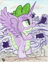 Size: 900x1167 | Tagged: safe, artist:theharmonicdeviant, derpibooru import, smooze, spike, alicorn, pony, alicorn spike, alidragon, colored pencil drawing, g1, g4, prince spike, princessified, traditional art, wings