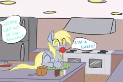 Size: 1280x853 | Tagged: dead source, safe, artist:adamscage, derpibooru import, derpy hooves, pegasus, pony, turkey, apple, apple gag, female, food, gag, kitchen, mare, offscreen character, pony as food, solo, thanksgiving
