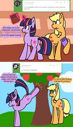 Size: 835x1435 | Tagged: applebucking, applejack, artist:raincupcake, ask, ask twijack, bucking, derpibooru import, female, golden oaks library, lesbian, library, safe, shipping, tumblr, twijack, twilight sparkle