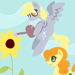 Size: 500x500 | Tagged: safe, artist:robynne, derpibooru import, carrot top, derpy hooves, golden harvest, earth pony, pegasus, female, gardening, lineless, sunflower