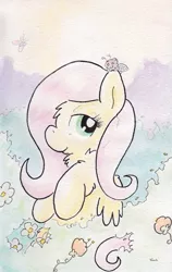 Size: 731x1158 | Tagged: artist:slightlyshade, bedroom eyes, butterfly, derpibooru import, flower, fluffy, fluttershy, insect, safe, smiling, solo, traditional art
