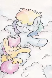 Size: 737x1105 | Tagged: safe, artist:slightlyshade, derpibooru import, rainbow dash, scootaloo, female, lesbian, scootadash, shipping, sleeping, traditional art