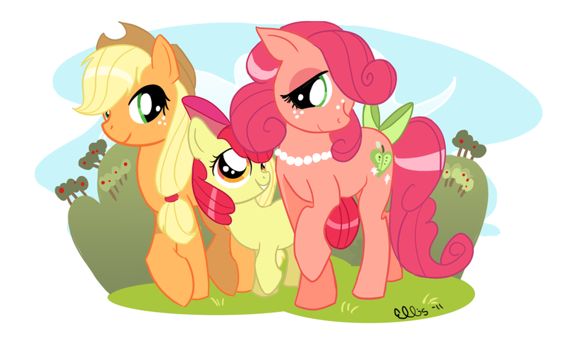 Size: 900x540 | Tagged: apple bloom, applejack, artist:ellisarts, derpibooru import, oc, safe, tail bow