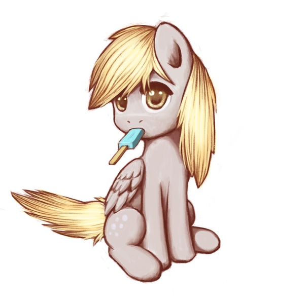 Size: 1063x1051 | Tagged: safe, artist:lurarin, derpibooru import, derpy hooves, pegasus, pony, cute, derpabetes, female, food, ice cream, looking at you, mare, mouth hold, nom, popsicle, sea salt ice cream, simple background, sitting, solo, white background