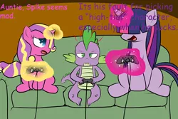 Size: 1000x667 | Tagged: safe, artist:ask1337twilight, derpibooru import, princess skyla, spike, twilight sparkle, alicorn, dragon, pony, unicorn, couch, dialogue, glowing horn, hair over eyes, hidden eyes, magic, telekinesis, unicorn twilight, video game