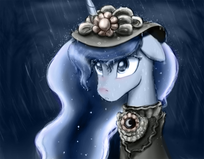 Size: 700x547 | Tagged: artist:dobromyslov, derpibooru import, hat, princess luna, rain, safe, solo