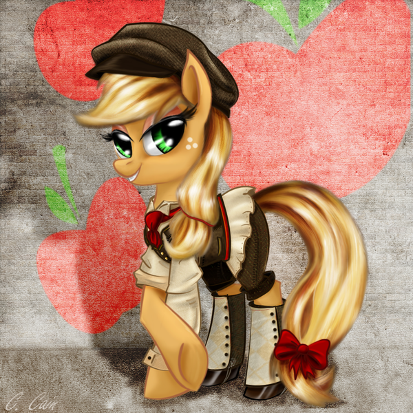 Size: 1000x1000 | Tagged: applejack, arcanum, arcanum: of steamworks and magick obscura, artist:c-cain, clothes, crossed hooves, crossover, derpibooru import, safe, solo, steampunk, suit, tail bow, wall