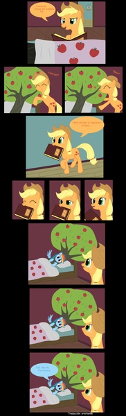 Size: 900x2975 | Tagged: applejack, artist:kasun05, bloomberg, book, comic, costume, fluttertree, rainbow dash, safe, spanish, translation, tree