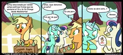 Size: 900x400 | Tagged: applejack, artist:braindps, artist:xristian96, banana, bon bon, comic, derpibooru import, lyra heartstrings, pear, safe, spanish, sweetie drops, translation