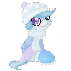 Size: 500x500 | Tagged: dead source, safe, artist:robynne, derpibooru import, cotton cloudy, pegasus, pony, boots, clothes, female, filly, hat, jacket, scarf, shoes, simple background, sitting, smiling, solo, transparent background, wingding eyes