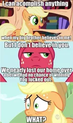 Size: 480x803 | Tagged: safe, derpibooru import, edit, edited screencap, screencap, applejack, big macintosh, earth pony, pony, the super speedy cider squeezy 6000, comic, floppy ears, male, screencap comic, serious mac, stallion, truth