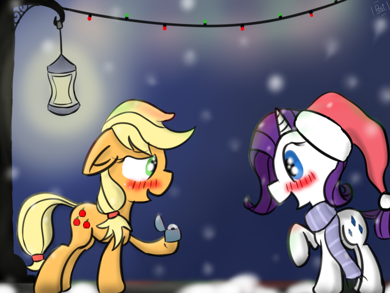 Size: 1024x768 | Tagged: safe, artist:posipony, derpibooru import, applejack, rarity, blushing, female, lesbian, marriage proposal, rarijack, shipping