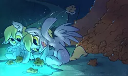 Size: 1000x600 | Tagged: safe, artist:atryl, derpibooru import, derpy hooves, pegasus, pony, cave, cave pool, duality, female, mare, mirror pool, muffin