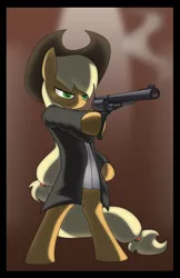 Size: 1132x1750 | Tagged: safe, artist:zedrin, derpibooru import, applejack, earth pony, pony, ask-mafia-octavia, bipedal, clothes, gun, mafia, revolver, solo, trenchcoat, weapon