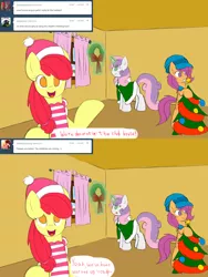 Size: 1280x1706 | Tagged: apple bloom, ask, cloak, clothes, cutie mark crusaders, derpibooru import, hat, safe, scarf, scootaloo, sweetie belle, teenage crusaders answers, teenager, tumblr, wreath