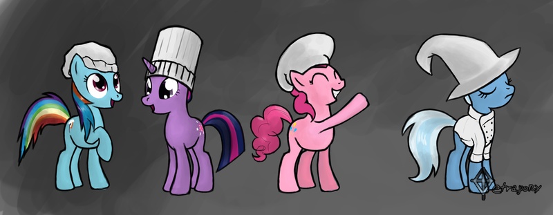 Size: 3153x1227 | Tagged: artist:tetrapony, chef, derpibooru import, hat, pinkie pie, rainbow dash, safe, trixie, twilight sparkle