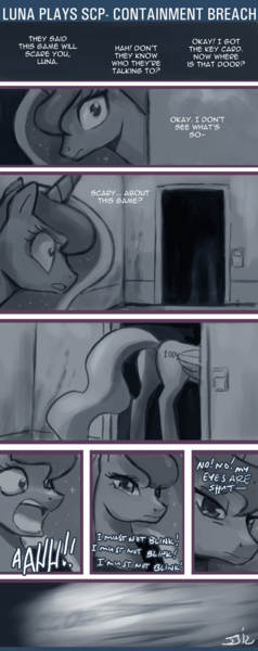 Size: 600x1510 | Tagged: safe, artist:johnjoseco, derpibooru import, princess celestia, princess luna, alicorn, pony, ask princess molestia, gamer luna, princess molestia, butt, comic, containment breach, monochrome, plot, scp, scp foundation, sunbutt, tumblr, wide eyes