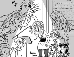 Size: 1300x1000 | Tagged: safe, artist:butts-mcpoop, derpibooru import, fluttershy, pinkie pie, earth pony, human, pegasus, pony, andrea libman, chi-chi, columbia pictures, dragon ball, dragon tales, emmy, eyes closed, female, grayscale, human female, lemon meringue (strawberry shortcake), madeline, mare, monochrome, open mouth, sony, sony pictures, tristar pictures, voice actor, voice actor joke, x-23, x-men evolution