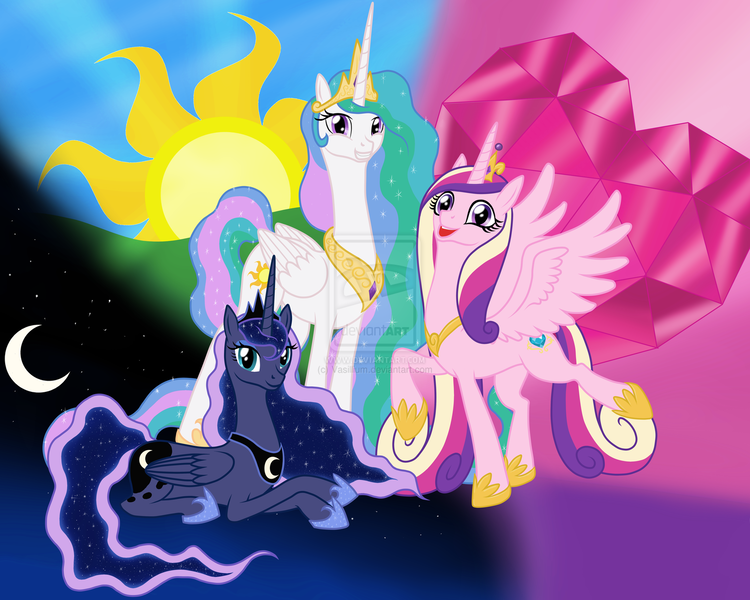 Size: 1600x1280 | Tagged: safe, artist:vasillium, derpibooru import, princess cadance, princess celestia, princess luna, alicorn, pony, crescent moon, moon, raised hoof, watermark