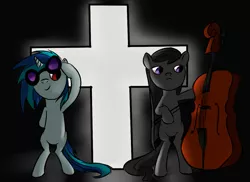 Size: 1235x900 | Tagged: artist:rubrony, cross, derpibooru import, justice (music group), octavia melody, safe, vinyl scratch