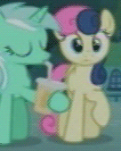 Size: 136x169 | Tagged: animated, bon bon, derpibooru import, drinking, lowres, lyra heartstrings, magic duel, milkshake, ponies standing next to each other, safe, smoothie, sweetie drops