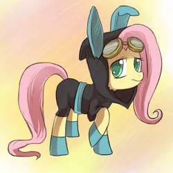 Size: 500x500 | Tagged: safe, artist:keterok, derpibooru import, fluttershy, pegasus, pony, magic duel, bunny ears, clothes, dangerous mission outfit, female, goggles, hoodie, mare, solo