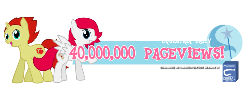 Size: 1000x350 | Tagged: safe, artist:exkira, derpibooru import, trixie, oc, oc:phoe, oc:sethisto, unofficial characters only, pegasus, pony, unicorn, equestria daily, banner, cutie mark, female, male, mare, milestone celebration, stallion