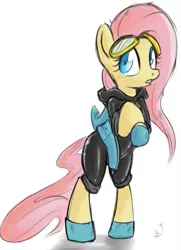 Size: 659x910 | Tagged: safe, artist:sharpy, derpibooru import, fluttershy, pegasus, pony, magic duel, bunny ears, clothes, dangerous mission outfit, female, goggles, hoodie, mare, solo, tight clothing