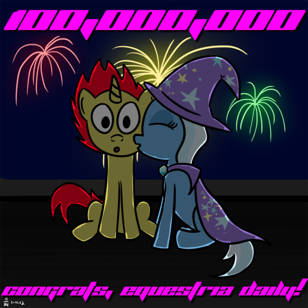 Size: 1000x1000 | Tagged: safe, artist:alexstrazse, derpibooru import, trixie, oc, oc:sethisto, equestria daily, canon x oc, kissing, milestone, milestone celebration, sethxie