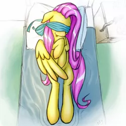 Size: 1600x1600 | Tagged: suggestive, artist:sharpy, derpibooru import, fluttershy, ballgag, bed, blindfold, blushing, covering, cuffs, female, gag, on back, on bed, pillow, solo, solo female, strategically covered, teasing, tongue out, wing covering