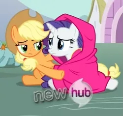 Size: 555x524 | Tagged: safe, derpibooru import, screencap, applejack, rarity, earth pony, pony, unicorn, magic duel, blanket, comforting, cropped, duo focus, female, hub logo, mare, shipping fuel