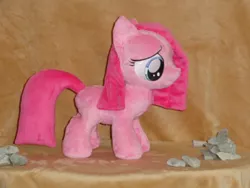 Size: 640x480 | Tagged: safe, artist:whitedove-creations, derpibooru import, pinkie pie, earth pony, pony, blank flank, female, filly, irl, photo, pinkamena diane pie, plushie, rock, sad, solo, stone