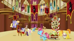 Size: 851x469 | Tagged: safe, derpibooru import, screencap, applejack, carrot cake, cloud kicker, cup cake, fluttershy, mayor mare, pumpkin cake, rainbow dash, rarity, trixie, earth pony, pegasus, pony, unicorn, magic duel, apron, baby pony, banner, cage, cruel, dictatorship, enslaved, father and child, father and daughter, female, filly, foal, forced, hoof in mouth, husband and wife, male, mare, miserable, mother and child, mother and daughter, mouth hold, ponyville town hall, pulling, pushing, raised eyebrow, sin of greed, sin of pride, stallion, throne, town hall