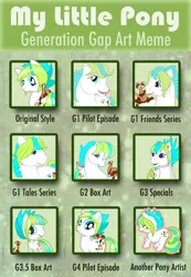 Size: 900x1301 | Tagged: artist:ellisarts, art meme, comparison, derpibooru import, g1, g3, g3.5, my little pony tales, oc, safe