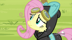 Size: 576x324 | Tagged: safe, derpibooru import, screencap, fluttershy, bird, pegasus, pony, magic duel, animated, bunny ears, clothes, cute, dangerous mission outfit, female, goggles, hoodie, mare, shirt, solo, undershirt