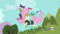 Size: 576x324 | Tagged: safe, derpibooru import, screencap, fluttershy, bird, blue jay, pegasus, pony, magic duel, animated, bunny ears, carrying, clothes, cute, dangerous mission outfit, female, flying, goggles, hoodie, hoofy-kicks, kidnapped, mare, running, running in place, shyabetes, solo, songbird