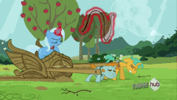 Size: 576x324 | Tagged: safe, derpibooru import, screencap, snails, snips, trixie, pony, unicorn, magic duel, alicorn amulet, animated, apple tree, bucktooth, bullwhip, chariot, colt, eyes closed, female, foal, glowing horn, harness, magic, male, mare, pulling, slavery, straining, tack, telekinesis, that pony sure does hate wheels, tree, whip, whipping