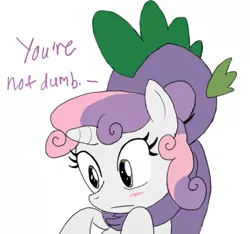 Size: 637x596 | Tagged: artist needed, safe, derpibooru import, spike, sweetie belle, dragon, pony, unicorn, blushing, eyes closed, female, filly, hug, hug from behind, male, shipping, simple background, spikebelle, straight, white background