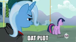 Size: 763x425 | Tagged: safe, derpibooru import, edit, edited screencap, screencap, trixie, twilight sparkle, pony, unicorn, magic duel, bedroom eyes, caption, dat butt, female, image macro, lesbian, mare, meme, out of context, plot, shipping, trixie yells at everything, twixie