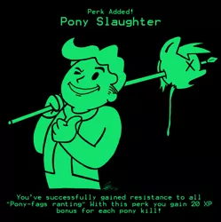 Size: 800x802 | Tagged: artist needed, semi-grimdark, derpibooru import, human, pony, brony, dead, decapitated, fallout, haters, haters gonna hate, monochrome, ponyscopes, severed head, spear, weapon, x eyes