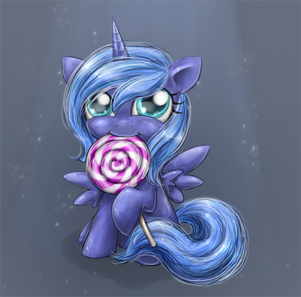 Size: 800x790 | Tagged: safe, artist:munadrake, derpibooru import, princess luna, pony, cute, filly, lollipop, lunabetes, sitting, solo, woona